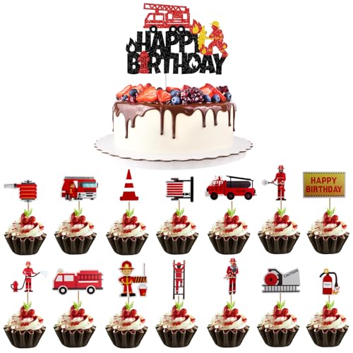 Feuerwehr Geburtstag Deko Cake Topper, 15 Stück Feuerwehr Tortendeko Kindergeburtstag Feuerwehr Kuchen Deko Happy Birthday Tortendeko Fire Truck Cupcake Toppers für Mottopartys Kuchendekorationen von kiki fancy