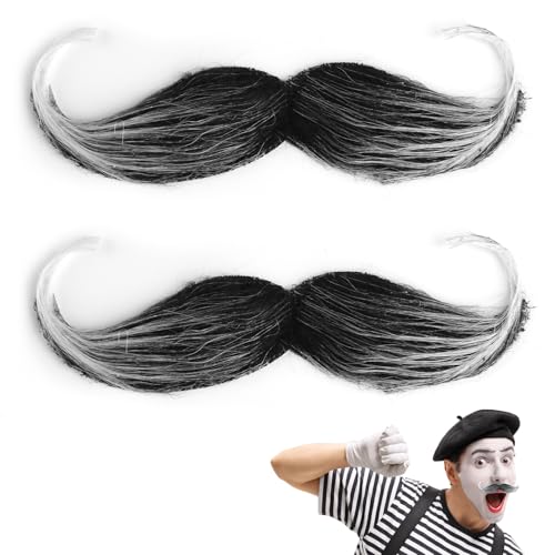 Schnurrbart zum Ankleben, 2 Stück Fake Bart Fake Beard Fasching Man Klebebart Schnauzer Künstlicher Klebe Falscher Bärte, Funny 80er Schwarz Oberlippenbart Cosplay Kostüm (Schwarz-Grau) von kiki fancy