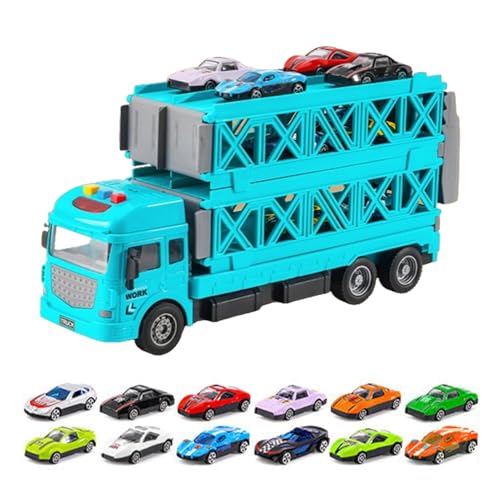 kiskick Faltbare Track Truck Spielzeug Kleinkind Spielzeug Geschenke für Jungen Mädchen, Reibungsgetriebenes Mega Truck Spielzeug mit Launcher 16 Mini Autos Rennbahn 2-stöckig verformbar LKW Spielzeug von kiskick