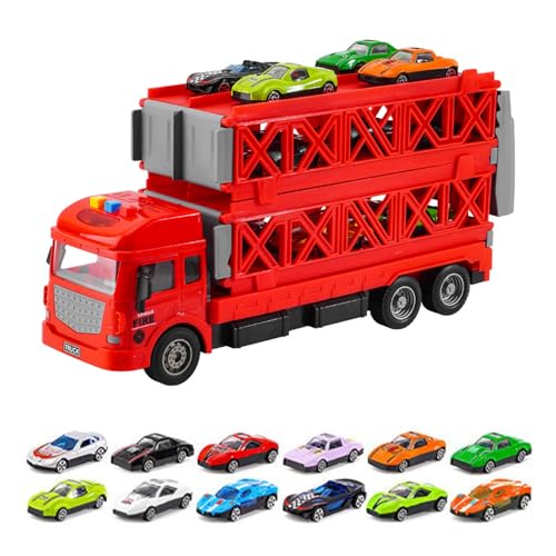 kiskick Faltbare Track Truck Spielzeug Kleinkind Spielzeug Geschenke für Jungen Mädchen, Reibungsgetriebenes Mega Truck Spielzeug mit Launcher 16 Mini Autos Rennbahn 2-stöckig verformbar LKW Spielzeug von kiskick