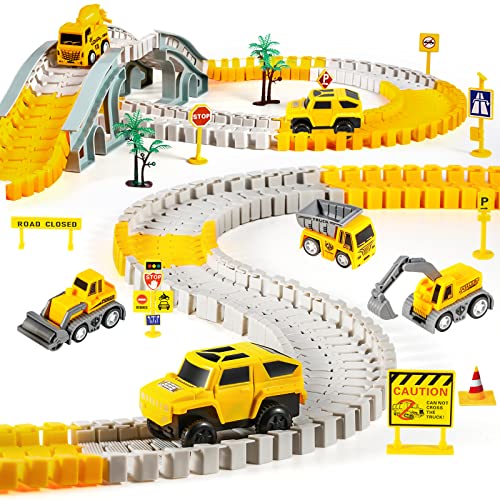 Kizplays 260pcs Autorennbahn Rennbahn 6 Cars Bagger Spielzeug ab Spielzeugautos Autobahn ab 3 4 5 6 Jahre Junge Mädchen,Flexible Track Kran Spiele, Elektroauto Cars Autorennbahn für Kinder Geschenk von kizplays