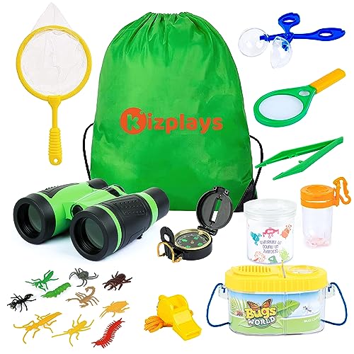 kizplays Forscherset für Kinder, 22-teiliges Entdecker Set mit Fernglas Kinder, Insektenfänger, Kompass, Becherlupe, Outdoor Entdeckerspielzeug Geschenk für Kinder Camping, Natur Erforschen von kizplays