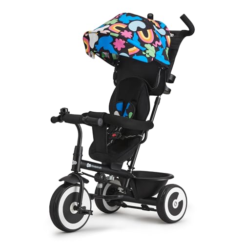 Kinderkraft Aston Dreirad ab 9 Monate bis 25 kg, Kinderdreirad mit schubstange, drehbarer Sitz Vorwärts und Rückwärtsfahrt, ausklappbarem Verdeck mit Sonnenschutz, Happy Shapes von kk Kinderkraft