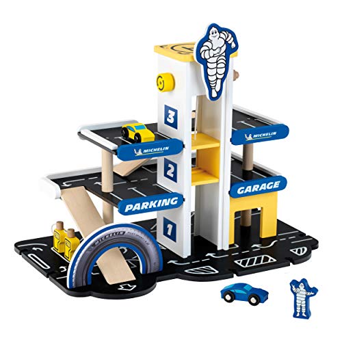 Theo Klein 3404 Michelin Parkhaus mit 3 Ebenen, Holz | Parkgarage inkl. 2 Autos u.v.m. | Kompatibel mit Holzfahrbahnen | Maße: 46 cm x 29 cm x 39 cm | Spielzeug für Kinder ab 3 Jahren von Theo Klein