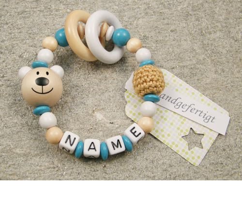 kleinerStorch Baby Motorik Spielzeug personalisiert mit Namen | Holz Lernspielzeug als Mädchen & Jungen Geschenk zur Geburt, Taufe | Bär in Weiss türkis von kleinerStorch