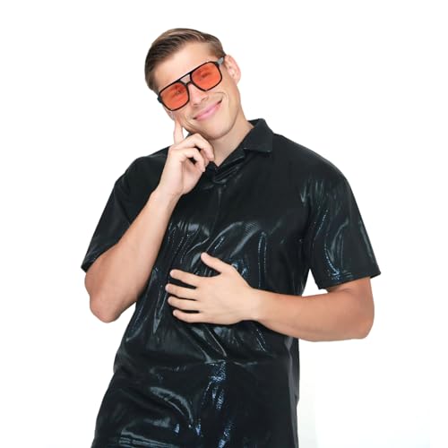 korifejus Glitzernde Herren Hemden für Karneval - Kurzarm 70er 80er Jahre Disco Tanzparty Thema, Retro Outfit Glitzer Kostüme für Feste (Black, L/XL) von korifejus