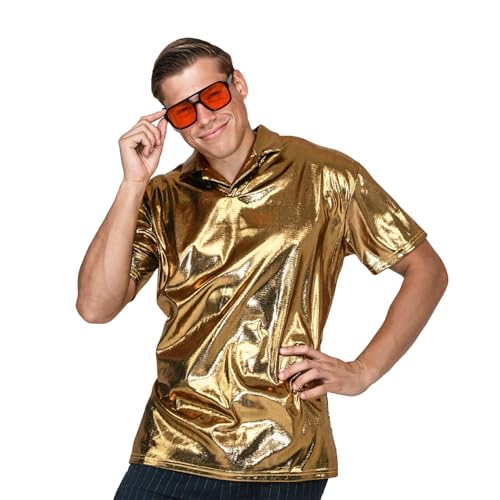 korifejus Glitzernde Herren Hemden für Karneval - Kurzarm 70er 80er Jahre Disco Tanzparty Thema, Retro Outfit Glitzer Kostüme für Feste (Golden, L/XL) von korifejus