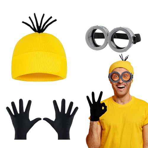 korsaot Minion Kostüm Erwachsene für Karneval Halloween Cosplay, 3-Teiliges Set (Brille, Gelbe Beanie-Mütze, Schwarze Handschuhe), Kostüm Minion Dame für Erwachsene und Kinder von korsaot