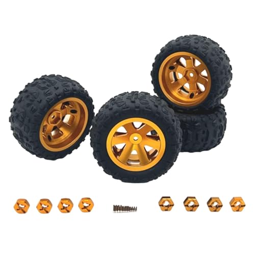 kowaku 4 Stück RC Autoräder Und Reifen, RC Crawler Autoreifen, Gummireifen mit 8 Sechskant Radnaben für 1/12 1/14 1/16 1/18 Auto, Gold von kowaku