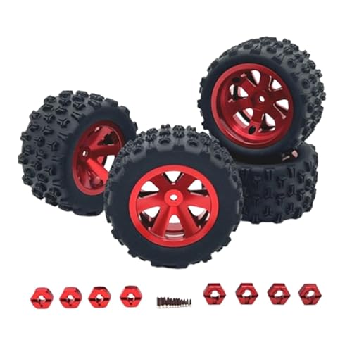 kowaku 4 Stück RC Autoräder Und Reifen, RC Crawler Autoreifen, Gummireifen mit 8 Sechskant Radnaben für 1/12 1/14 1/16 1/18 Auto, Rot von kowaku