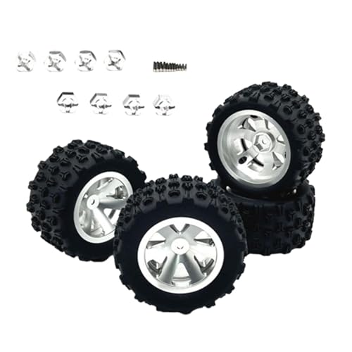 kowaku 4 Stück RC Autoräder Und Reifen, RC Crawler Autoreifen, Gummireifen mit 8 Sechskant Radnaben für 1/12 1/14 1/16 1/18 Auto, Silber von kowaku