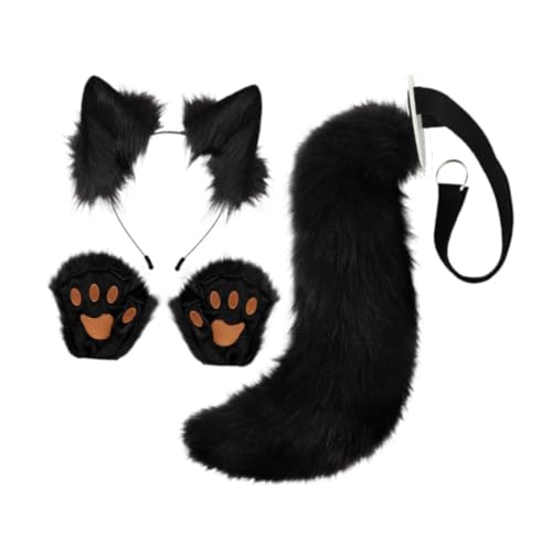 kowaku Fuchsohren und Schwanz Set Plüschohren Stirnband Cosplay Requisiten Beast Claw Props Kostüm Zubehör für Karneval Geburtstag Halloween, Schwarz von kowaku