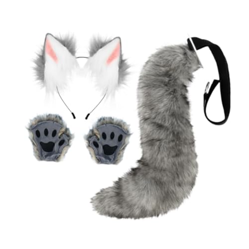 kowaku Fuchsohren und Schwanz Set Plüschohren Stirnband Cosplay Requisiten Beast Claw Props Kostüm Zubehör für Karneval Geburtstag Halloween, grau weiß von kowaku