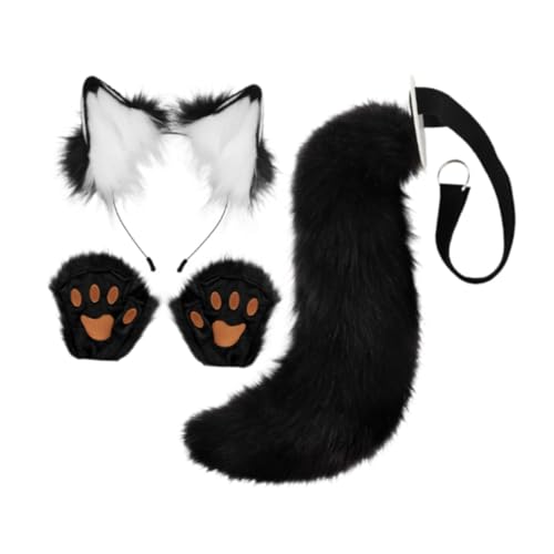 kowaku Fuchsohren und Schwanz Set Plüschohren Stirnband Cosplay Requisiten Beast Claw Props Kostüm Zubehör für Karneval Geburtstag Halloween, weiß schwarz von kowaku