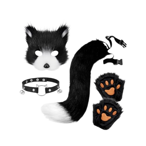 kowaku Halloween-Gesichtsmaske, Cosplay, schönes Tierhalsband und Schwanz-Set für den Karnevalsball, Schwarz-Weiss von kowaku