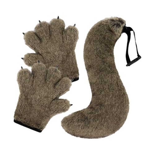 kowaku Halloween Wolf Beast Paws Handschuhe und Schwanz Set Requisiten Tier Cosplay für Club Bar, Grasgelb von kowaku