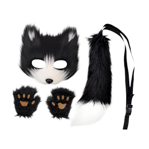 kowaku Tiermaske und Schwanz-Set, Langer Tierschwanz für Rollenspiele, Halloween-Party-Kostüm, Schwarz-Weiss von kowaku