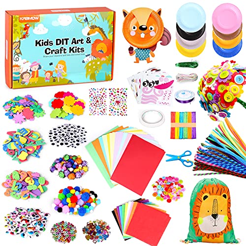 kramow Bastelset Kinder, DIY Basteln mit Kordelzugbeutel, Bastelbedarf, Pfeifenreiniger, Pompons, Kulleraugen, Federn, Perlen und Papierbastelsets, Kreatives Geschenk für Jungen Mädchen 5-9 Jahren von kramow