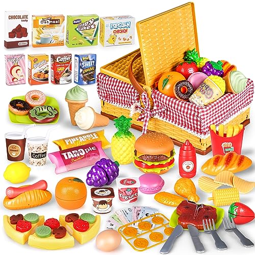 kramow Kinderküche Zubehör, Spielküche Zubehör mit Picknickkorb, Lebensmittel Spielzeug 103 Stück, Kinder Rollenspiele Geschenk für Mädchen Jungen 3+Jahre alt von kramow