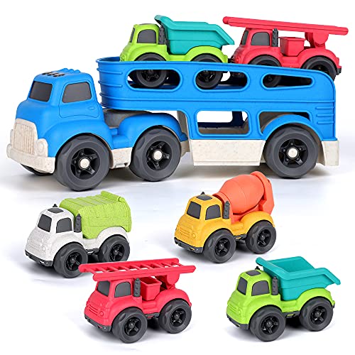 kramow LKW Transporter Spielzeug mit 4 Baustellenfahrzeugen, Auto Spielzeug für Kinder ab 3 Jahre, ideales Spielzeug Geschenk für 4-8 Jahre Kinder Jungen Mädchen von kramow