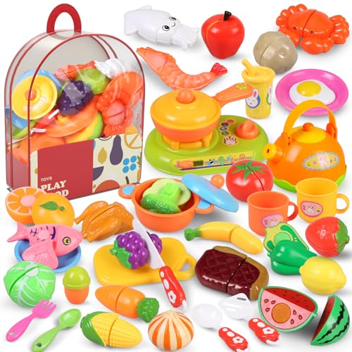 kramow Spielküche zubehör Set, Kinderküche Zubehör, 66-teiliges Küchenzubehör und Schneidespielzeug, Lebensmittel Spielzeug Geschenk für Mädchen Jungen ab 3 Jahre, Kaufladen Zubehör und Rollenspiele von kramow