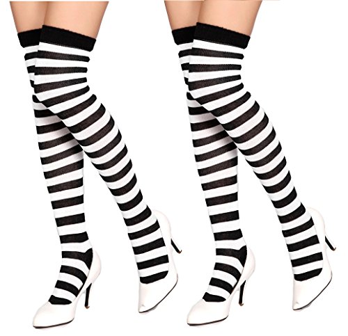 Krautwear® 2x Damen Gestreifte Overknees Strümpfe Ringelstrümpfe Karneval Fasching Cosplay 80er Jahre (schwarz/weiss) von krautwear