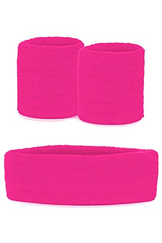 krautwear Damen Mädchen Schweißbänder Stirnband 2 Armbänder Beinstulpen Handschuhe 80er Jahre Set Neon Pink (Schweißbänder Set, pink) von krautwear