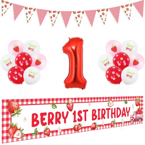 kreat4joy Berry First Birthday Decorations, Strawberry Berry 1st Birthday Backdrop Large Strawberry Balloons Number 1 Foil Balloon for Girls Sweet One Fruit Strawberry 1st Birthday Party von kreat4joy