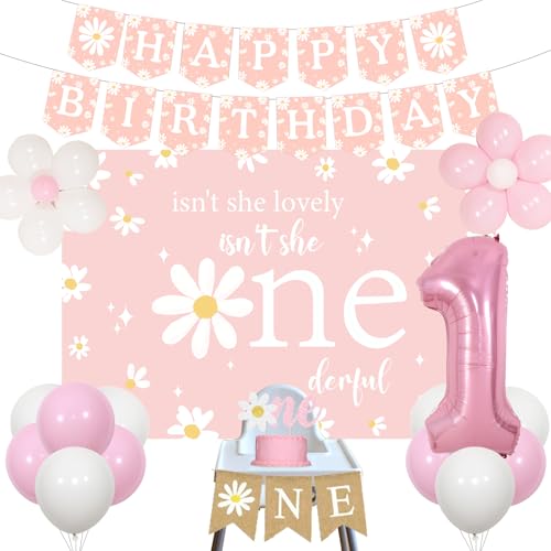 kreat4joy Gänseblümchen 1. Geburtstag Dekorationen für Mädchen, Isn't She Lovely Isn't She Onederful Hintergrund Luftballons Nummer 1 Folienballon Happy Birthday Hochstuhl Banner Kuchen Topper für ein von kreat4joy