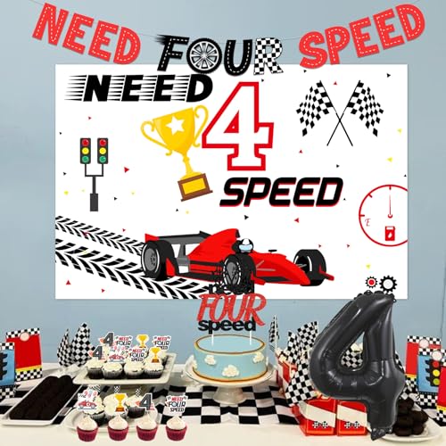 kreat4joy Need Four Speed Birthday Decorations, Race Car 4th Birthday Party Decorations Backdrop Banner Cake Cupcake Toppers Checkered Flag Number 4 Foil Balloons for 4th Boy Birthday Decorations von kreat4joy