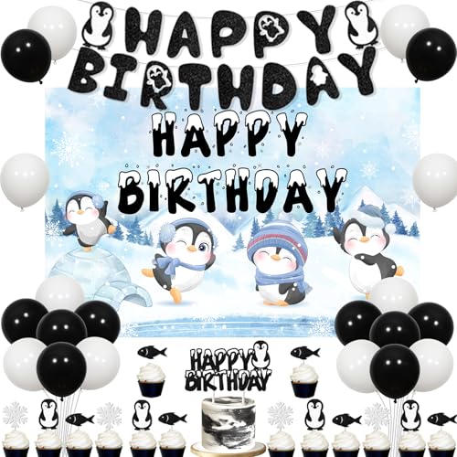 kreat4joy Pinguin Geburtstag Dekorationen, schwarze weiße Ballone mit Pinguin Happy Birthday Hintergrund Banner Kuchen Cupcake Toppers Pinguin Folie Ballon für Winter Geburtstag Baby Dusche Party von kreat4joy