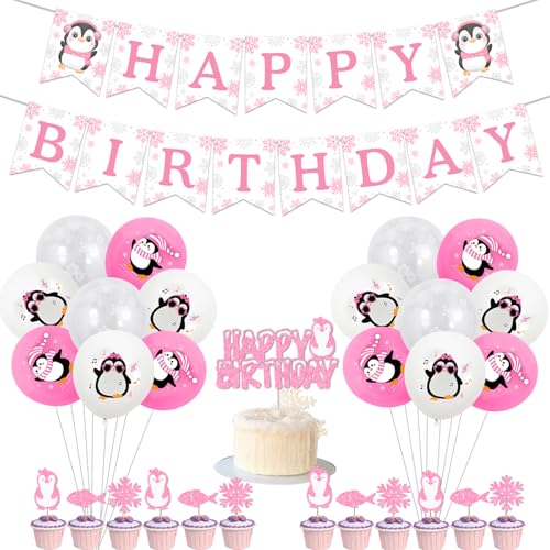 kreat4joy Pinguin Geburtstag Party Dekorationen für Mädchen, rosa Ballons Happy Birthday Banner Cupcake Kuchen Toppers Pinguin Folie Ballon für Kinder Winter Tier Geburtstag Party von kreat4joy