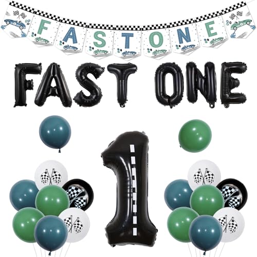 kreat4joy Rennwagen Erster Geburtstag Dekorationen für Jungen, Vintage Fast One Birthday Banner Luftballons Nummer 1 Ballon für Retro Rennwagen Thema Fast One 1. Geburtstag Party von kreat4joy