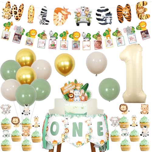 kreat4joy Safari Dschungel Erster Geburtstag Dekorationen Junge, Wild One Geburtstag Dekorationen Foto Banner Hochstuhl Girlande Kuchen Topper Folienballons für Wald Dschungel Tier Geburtstag Party von kreat4joy