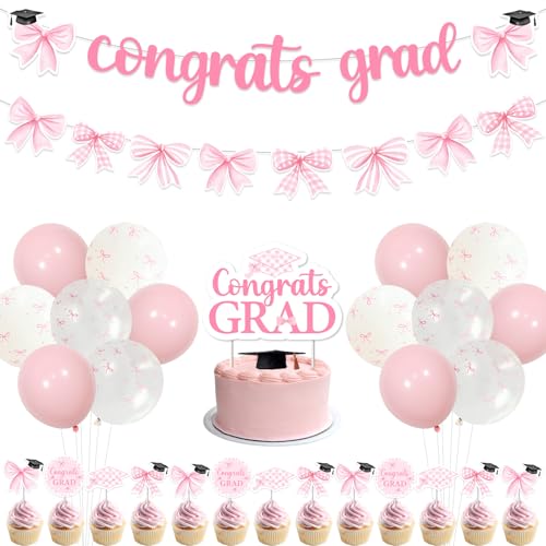 kreat4joy Schleifenabschluss-Dekorationen, Kokette Abschlussdekorationen, Congrats Grad Banner Girlande Kuchen Cupcake Toppers Ballons für Mädchen Klasse 2025 Abschlussfeier Party Dekorationen von kreat4joy