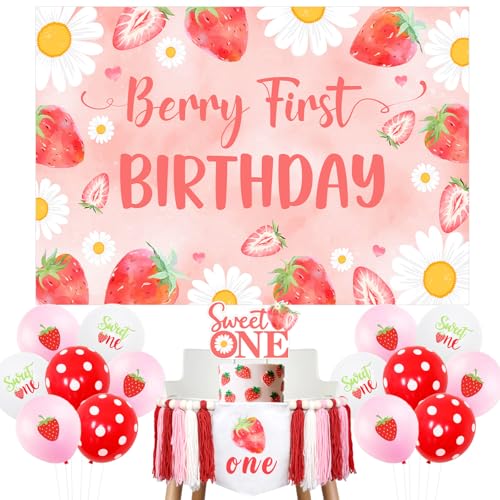 kreat4joy Strawberry Daisy First Birthday Decor Girl, Sweet One Birthday Party Decorations, Berry First Birthday Backdrop Sweet One Balloons Highchair Banner Cake Topper for Berry First 1st Birthday von kreat4joy