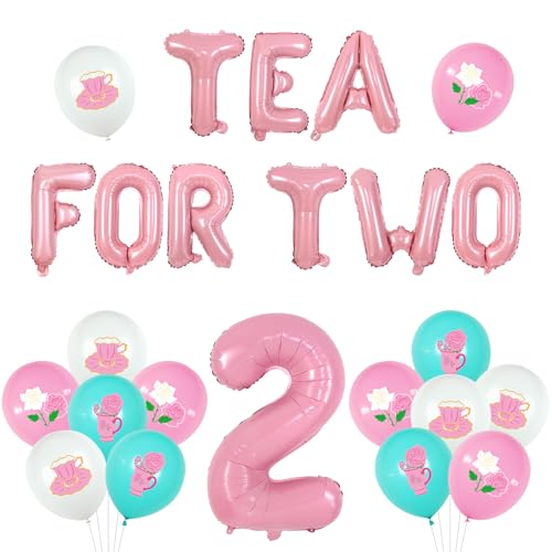 kreat4joy Tea for Two Birthday Decorations, 2nd Birthday Decorations for Girls Tea for Two Balloon Banner Pink White Teal Teapots Teacups 2 Foil Balloon for 2 Year Old Girls Floral Tea Party von kreat4joy