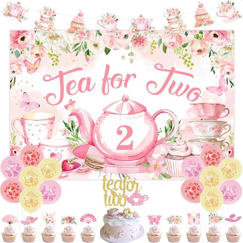 kreat4joy Tee 2 Jahre alt Mädchen Geburtstag Dekorationen Mädchen, Tee für zwei Dekorationen Hintergrund Kuchen Cupcake Toppers Banner Girlande Luftballons für 2. Geburtstag Party Dekorationen Kinder von kreat4joy