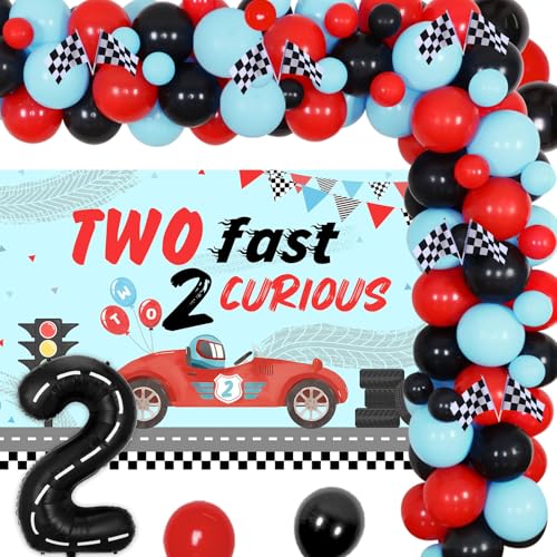 kreat4joy Two Fast Two Curious Birthday Decorations Boy Race Car 2nd Birthday Decorations, Retro Red Black Blue Balloon Arch Backdrop Number 2 Foil Balloons for 2 Year Old Let's Go Racing Party von kreat4joy