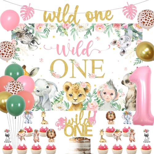 kreat4joy Wild One Geburtstagsdekorationen Mädchen, Dschungeltier 1. Geburtstag Party Wild One Hintergrund Banner Kuchen Cupcake Topper Salbeigrün Rosa 1 Folienballon für Mädchen Rosa Safari 1. von kreat4joy