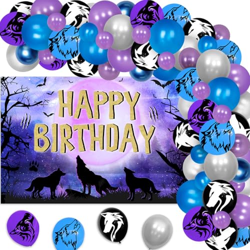 kreat4joy Wolf Geburtstag Party Dekorationen, Galaxy Wolf Happy Birthday Hintergrund Wolf Luftballons Girlande Bogen Kit Hintergrund Fotografie für Junge Mädchen Tier Wolf Themed Geburtstag Party von kreat4joy