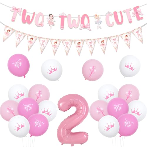 kreat4joy Zwei Zwei Süße Geburtstagsdekorationen, Tutu Cute Birthday Banner Ballerina Bunting Banner Ballons Ballett für Tanzende Mädchen Rosa Nummer 2 Folienballons Zwei Niedliche 2. Geburtstag von kreat4joy