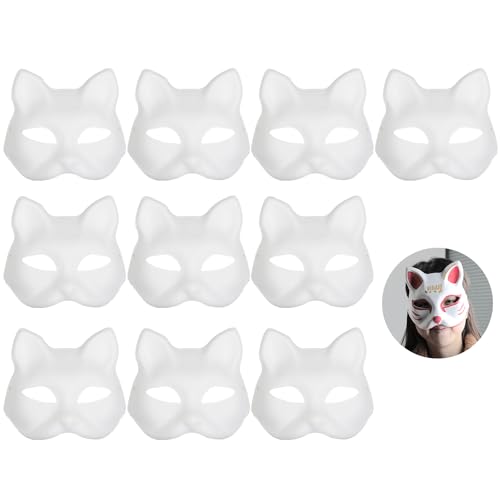 10 Stück DIY Blank Katze Maske, Fuchs Katze weißes Papier Maske, japanische Anime Halbgesicht Katze Maske für DIY gemalt Masken, geeignet für Maskerade, Halloween von ktxaby