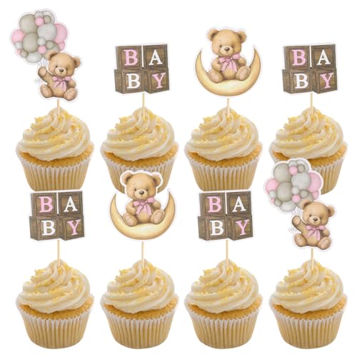 36Pcs Rosa Bär Themed Cupcake Toppers, Mond Baby Bär Baby Dusche Kuchen Topper Dekorationen für Party Geburtstag Dekorationen Zubehör von ktxaby