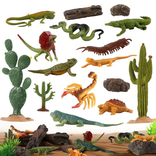 32Pcs Wüste Reptilien Tiere Figuren Spielzeug Bäume Harz Diorama Eidechse Schlange Insekten Kaktus Rock Playset für Kinder Kleinkinder Geburtstag Party Favorit Kuchen Dekoration Schule Projekte von kukifun