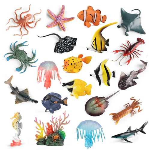 Meer Tiere Spielzeug Figuren 21Pcs, Kunststoff Marine Kreatur Hai Fisch Seestern Krabbe Hummer Oktopus Seepferdchen Koralle Qualle Ozean Leben für Kinder Geburtstag Party Favorit Kuchen Dekoration von kukifun