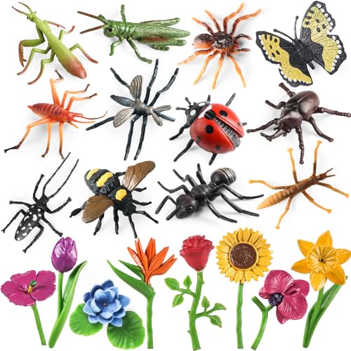 kukifun Insekt Pflanzenfiguren Spielzeug 20Pcs, realistische Kunststoff Blume mit Marienkäfer Biene Schmetterling Ameise Grille Mantis Skorpion Spinne für Schule Projekt Geburtstag Kuchen Dekoration von kukifun