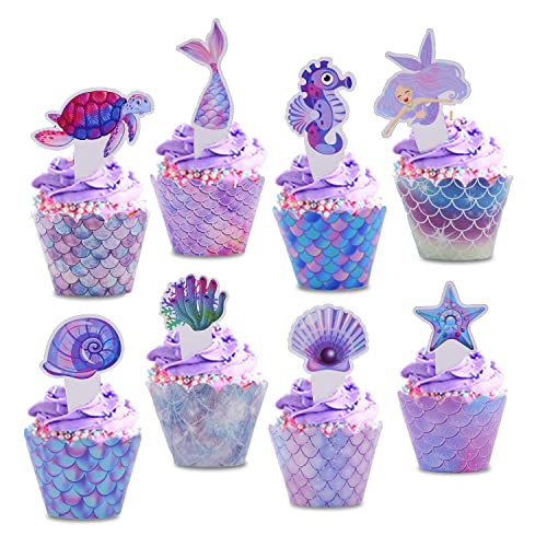 kukifun Meerjungfrau Tortendeko 48 Stück Meerjungfrau Kuchen Deko Meerjungfrau Cupcake Topper und Wrapper Set Mädchen Meerjungfrau Geburtstagsparty, Babyparty, Unterwasserparty von kukifun