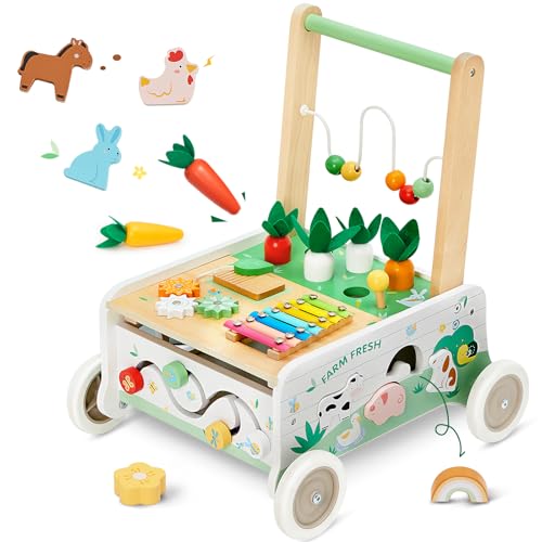 Labebe Lauflernwagen Holz,Baby Lauflernhilfe mit gummierten Holzrädern und Activity Center, Gehfrei Lauflernhilfe Baby/Gehhilfe Holz, Carrot Harvest für Jungen und Mädchen von labebe