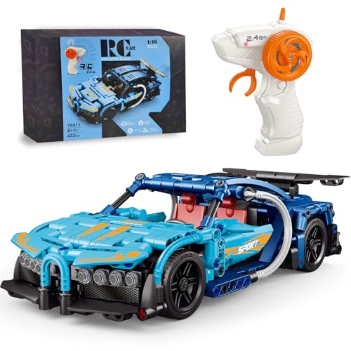 laddutoi Bugatti RC Rennwagen Blockbaukasten, 2.4GHz, 50m Reichweite, Spielzeug RC Auto Für Kinder Ab 6 Jahren, 433 Teile 1:16 Modell, Blaues Supercar Mit Rückzieh-Funktion Und Fernsteuerung von laddutoi